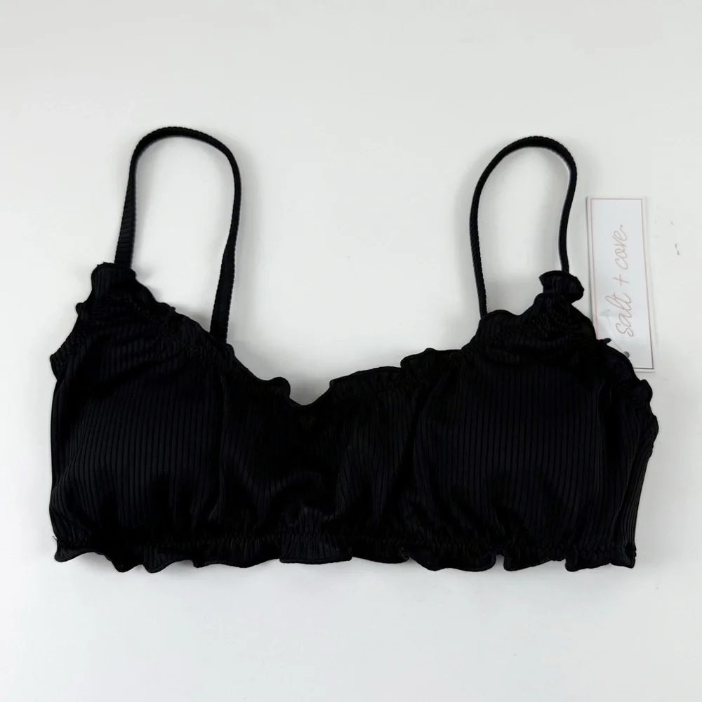 Salt + Cove Bikini Top Juniors Size XS Black Ruffle Ribbed Swim NWT